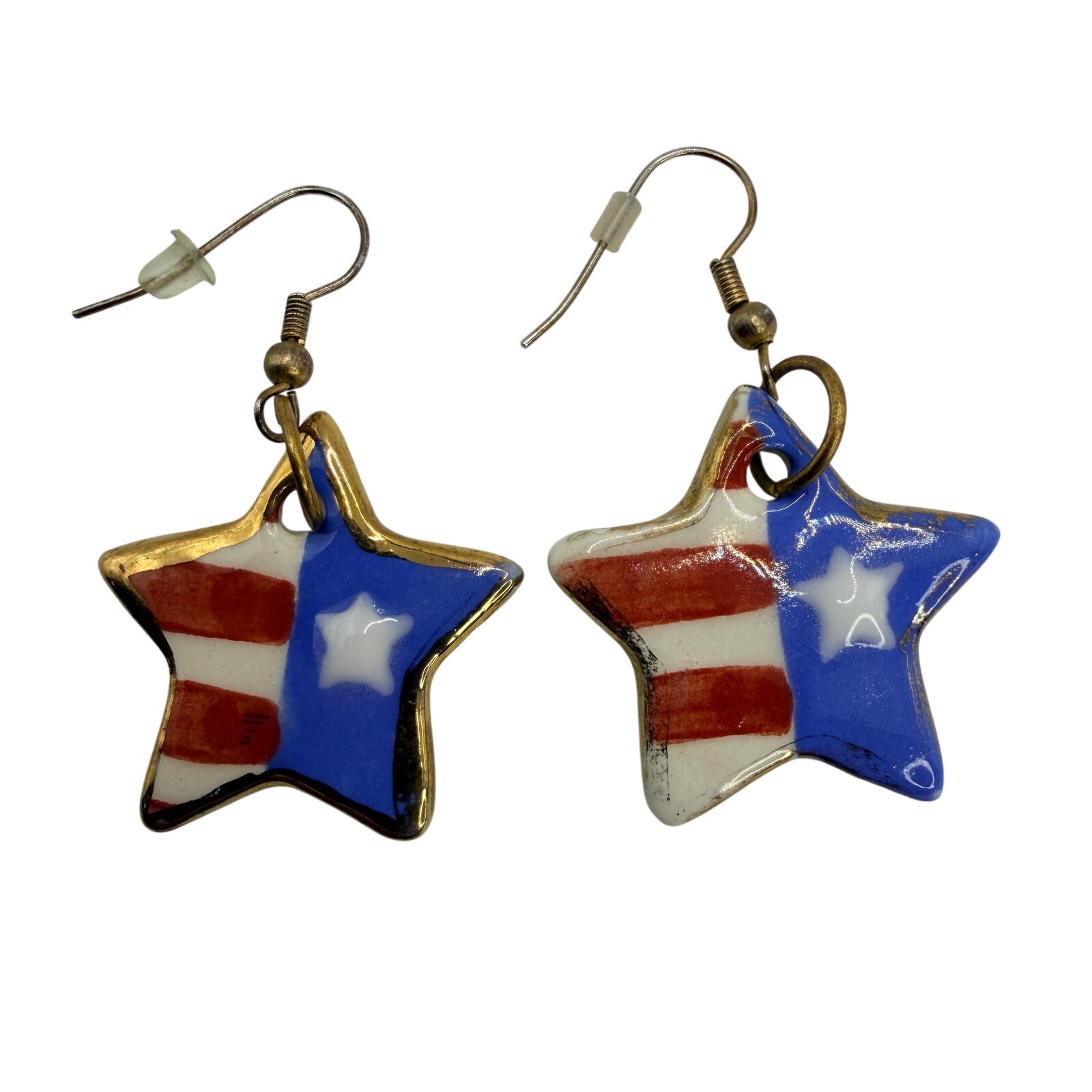 Patriotic Star American Flag Usa July 4th Hand Painted Porcelain Earrings
